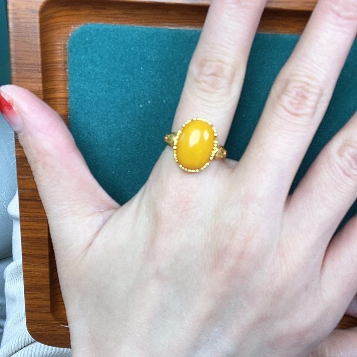 蜜蜡戒指银S925镶嵌戒指