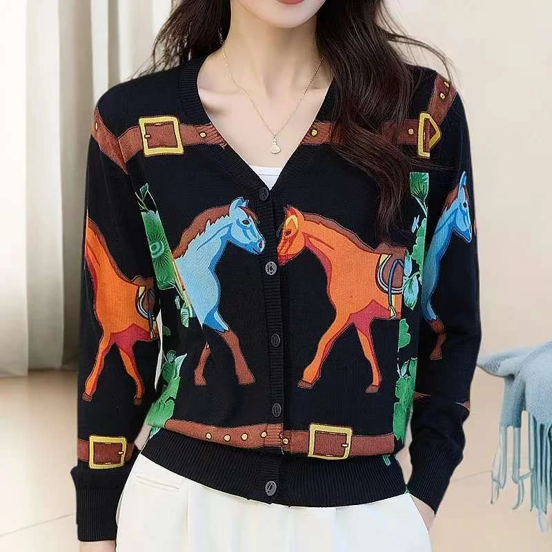【COCO林可可】潮流印花女长袖显瘦针织衫百搭开衫2025春秋薄款毛衣