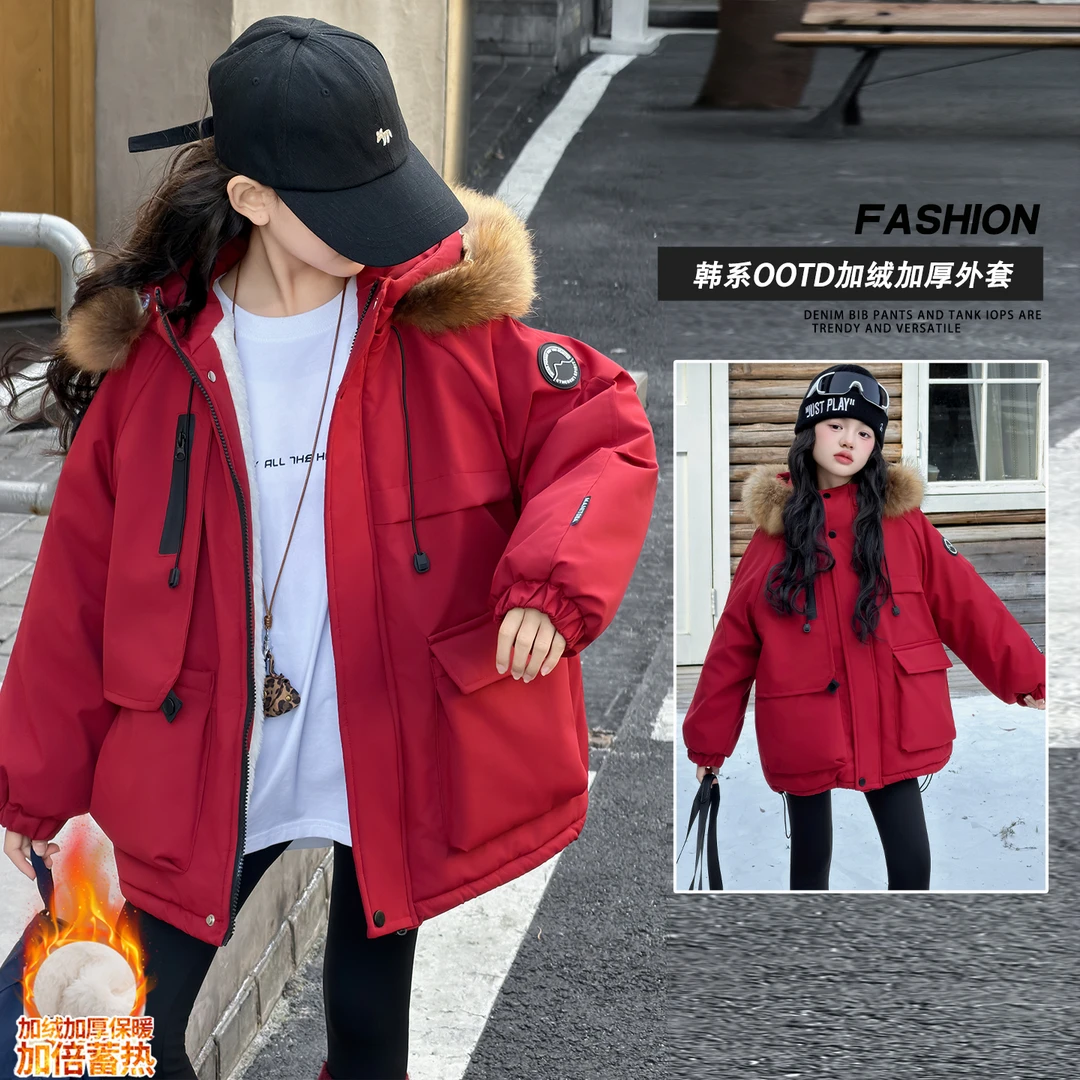 女童冬季2025新款工装风毛领派克服大童加厚保暖棉服韩版宽松外套