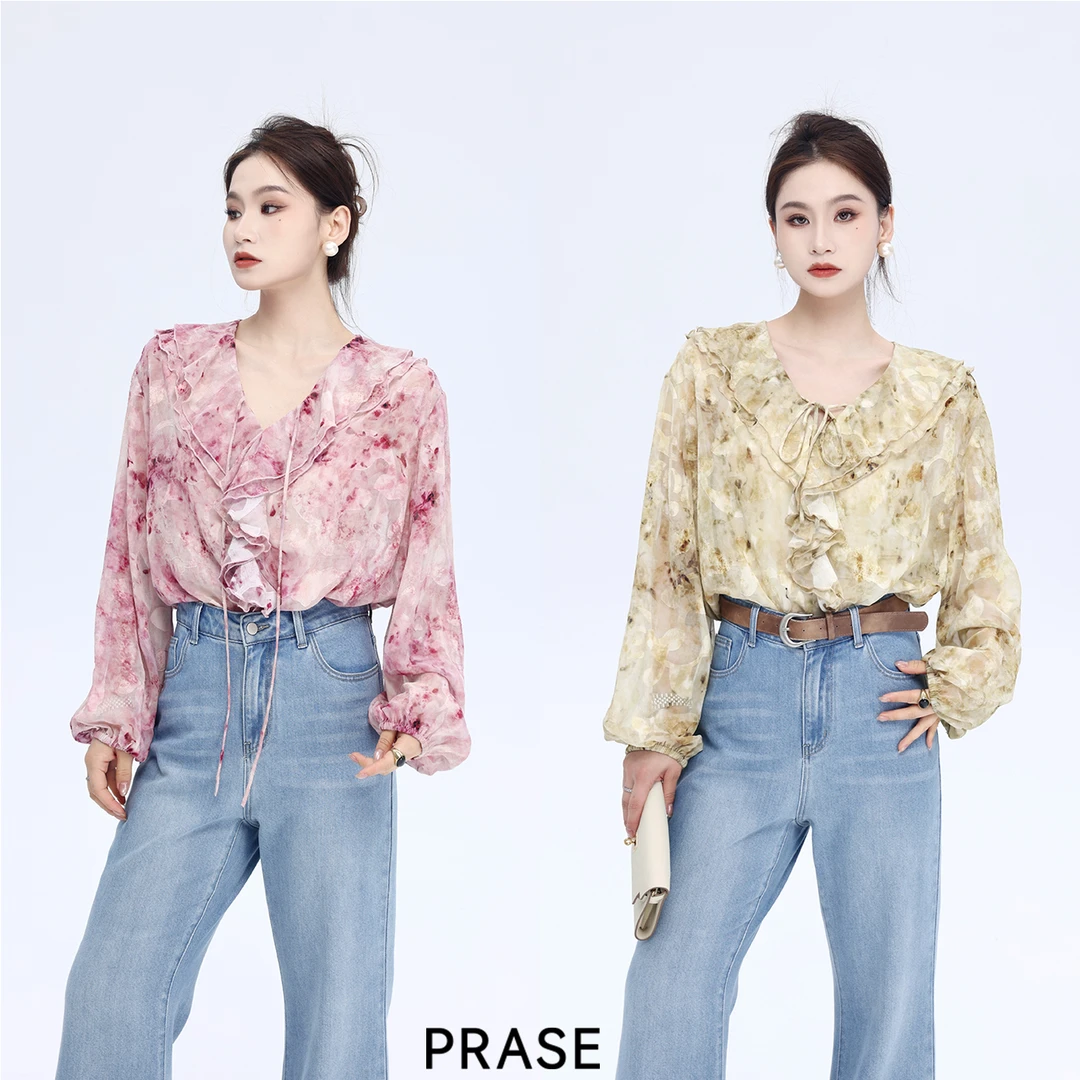 PRASE·噜【油画牡丹】微胖轻奢设计款秋时尚长袖花边衬衫PR506C111