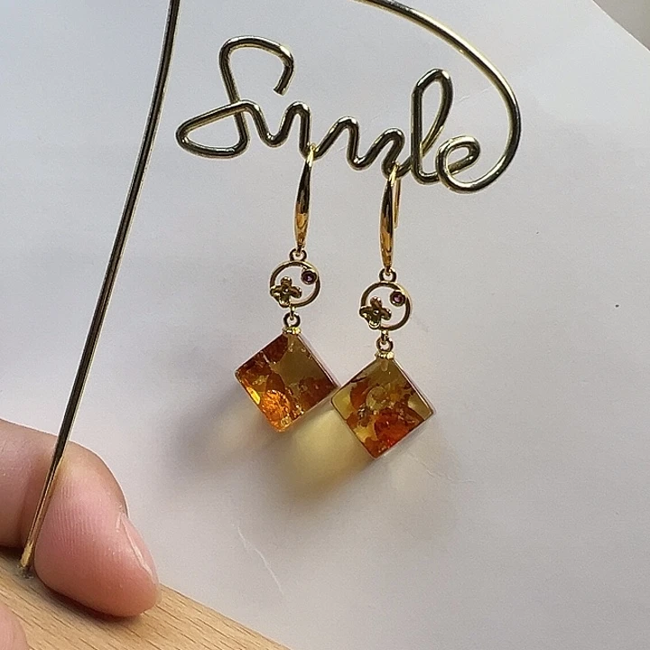 银S925镶嵌琥珀（花珀）耳饰