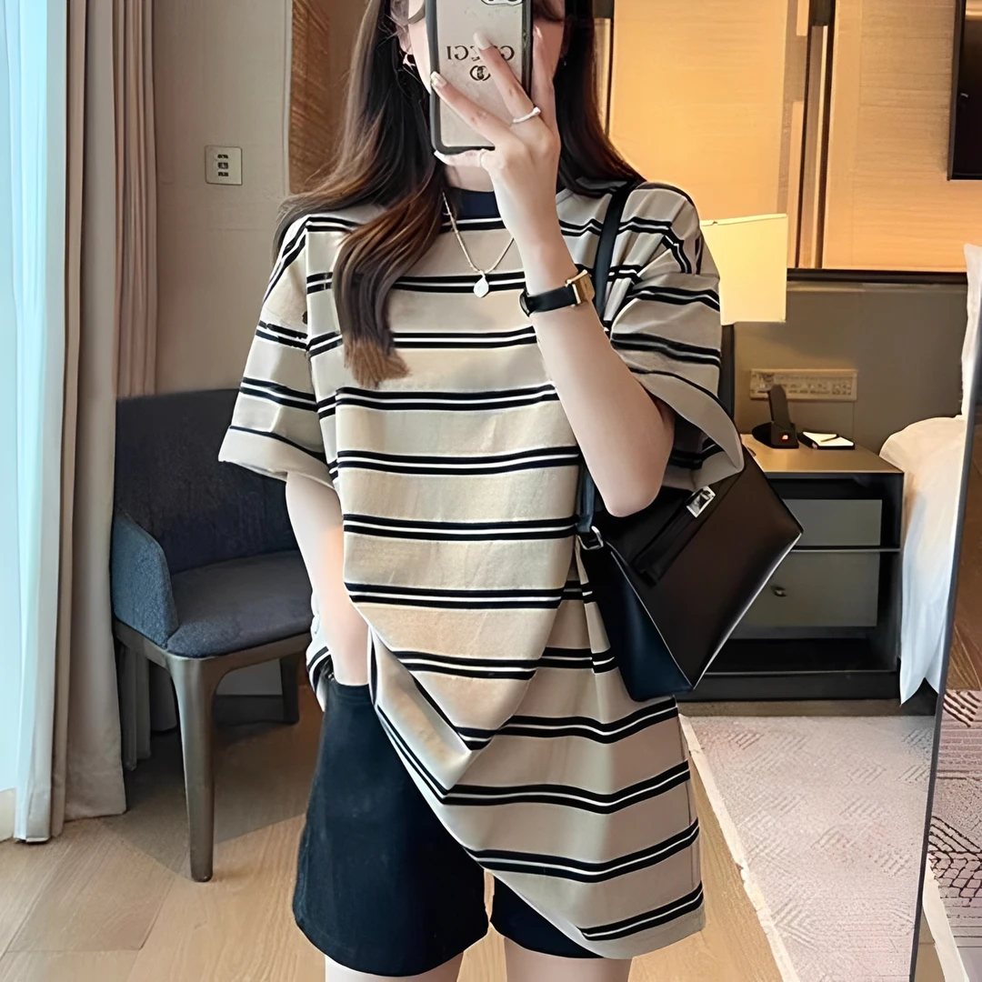 欧货卡其色条纹短袖T恤女新款夏季宽松洋气减龄中长款半袖上衣