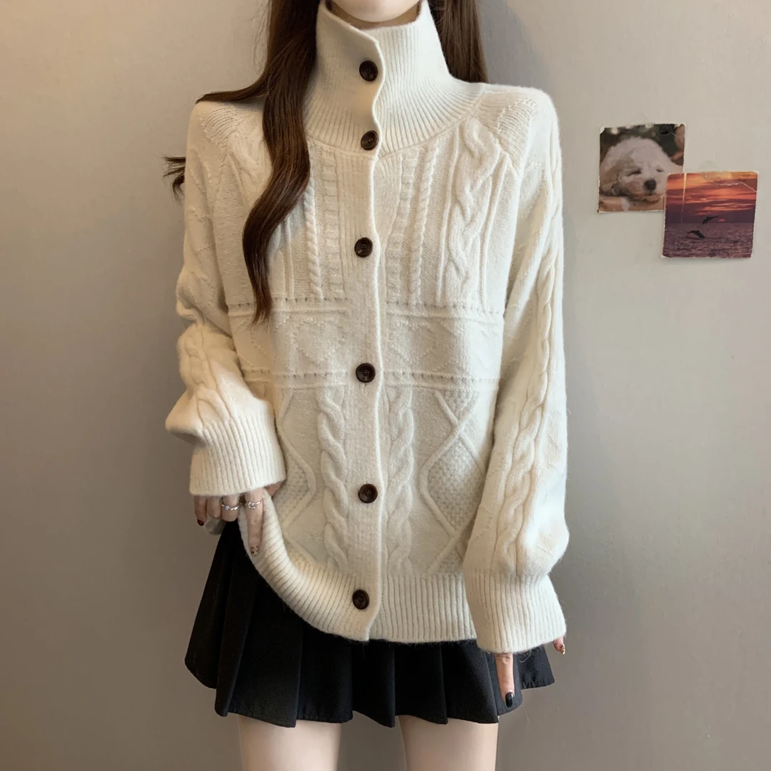 2025秋冬大码女装翻领纽扣毛衣开衫高级感胖mm长袖毛针织衫上衣女