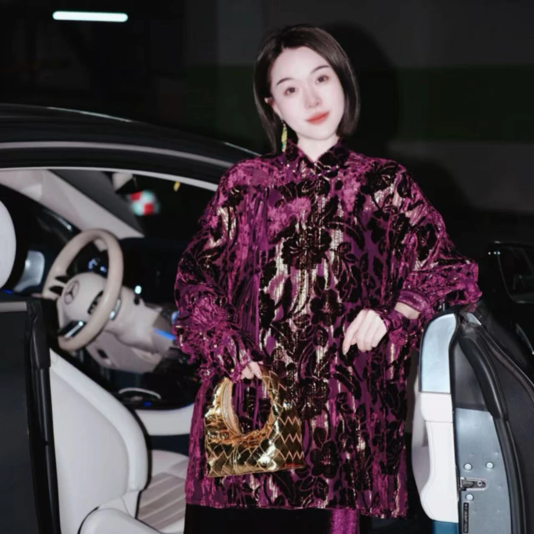 神秘紫鸢！进口丝绒织金植绒烧花新中式上衣！GZ5448