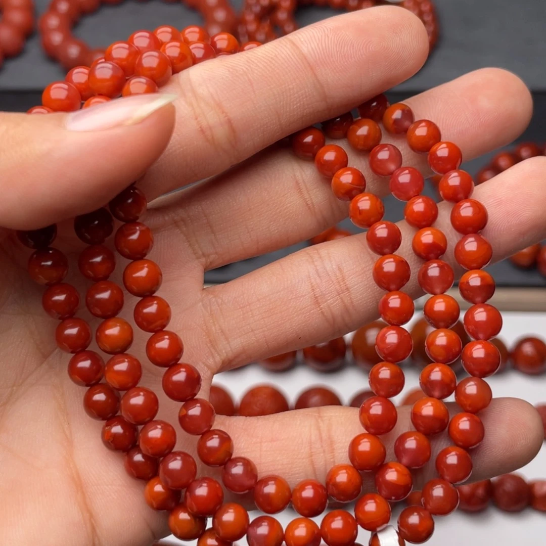 南红玛瑙未镶嵌手串H6mm收藏妖孽双色牛血火焰长链