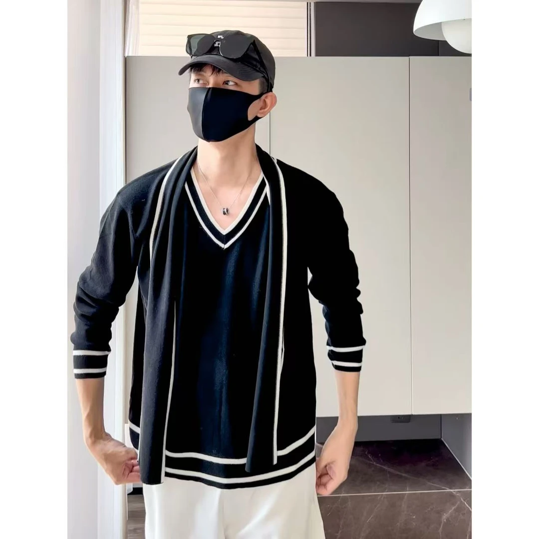 大圣圣 两件套 时髦高级感V领撞色围巾慵懒休闲针织衫男TOA 51133