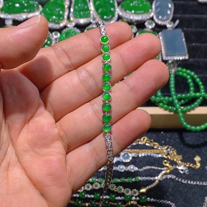 翡翠手链银S925镶嵌天然A货翡翠