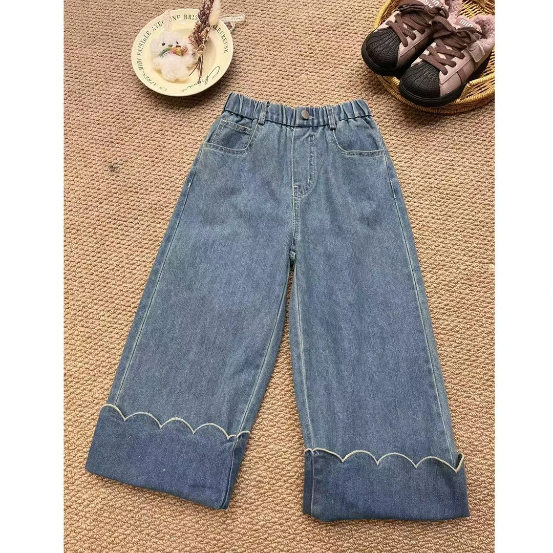 OAOH2025春秋季新款中大童女童百搭纯色宽松弯刀牛仔长裤2501