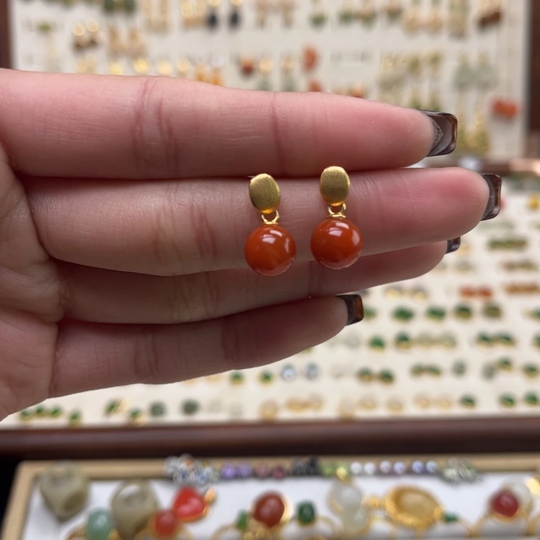 和田玉银S925镀金镶嵌耳饰