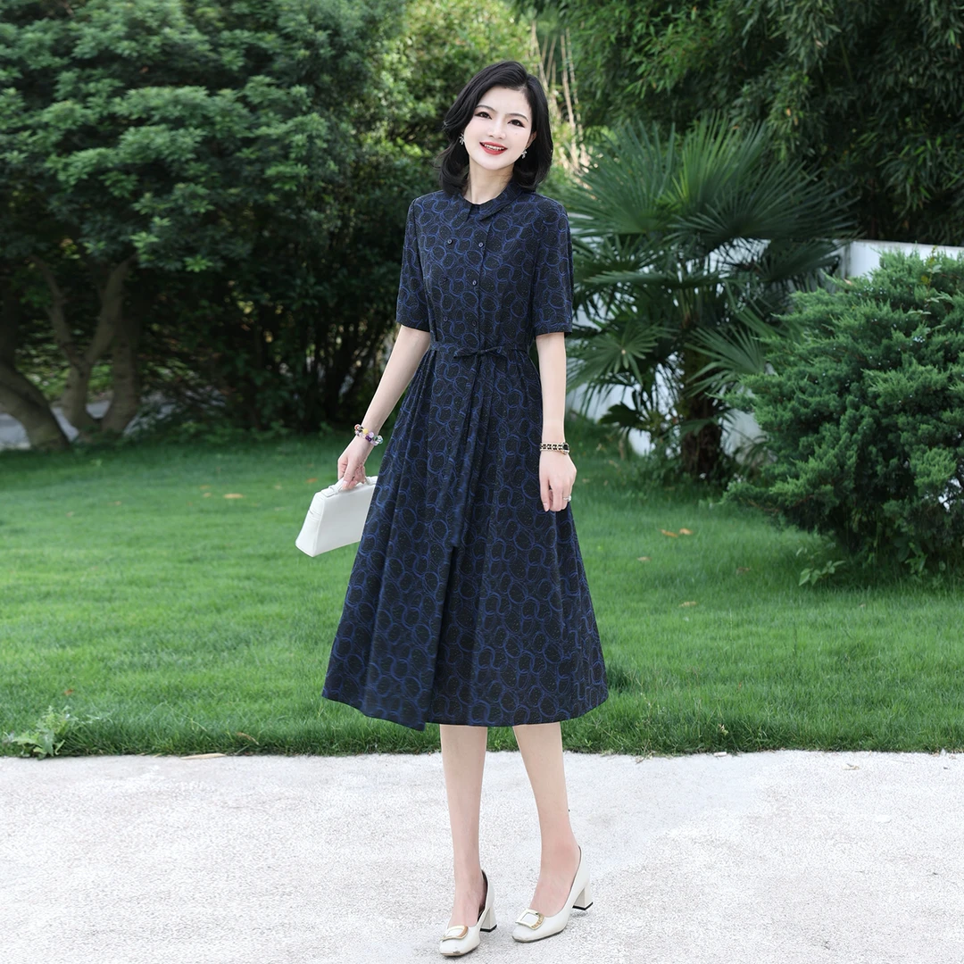【桑蚕丝】阿楠anan蓝色多瑙河弹力双绉翻领双排扣蓝圈印花夏连衣裙
