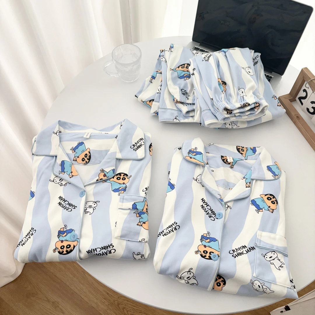 卡通格子蜡笔小新德绒情侣睡衣女男士秋冬保暖宽松大码套装家居服