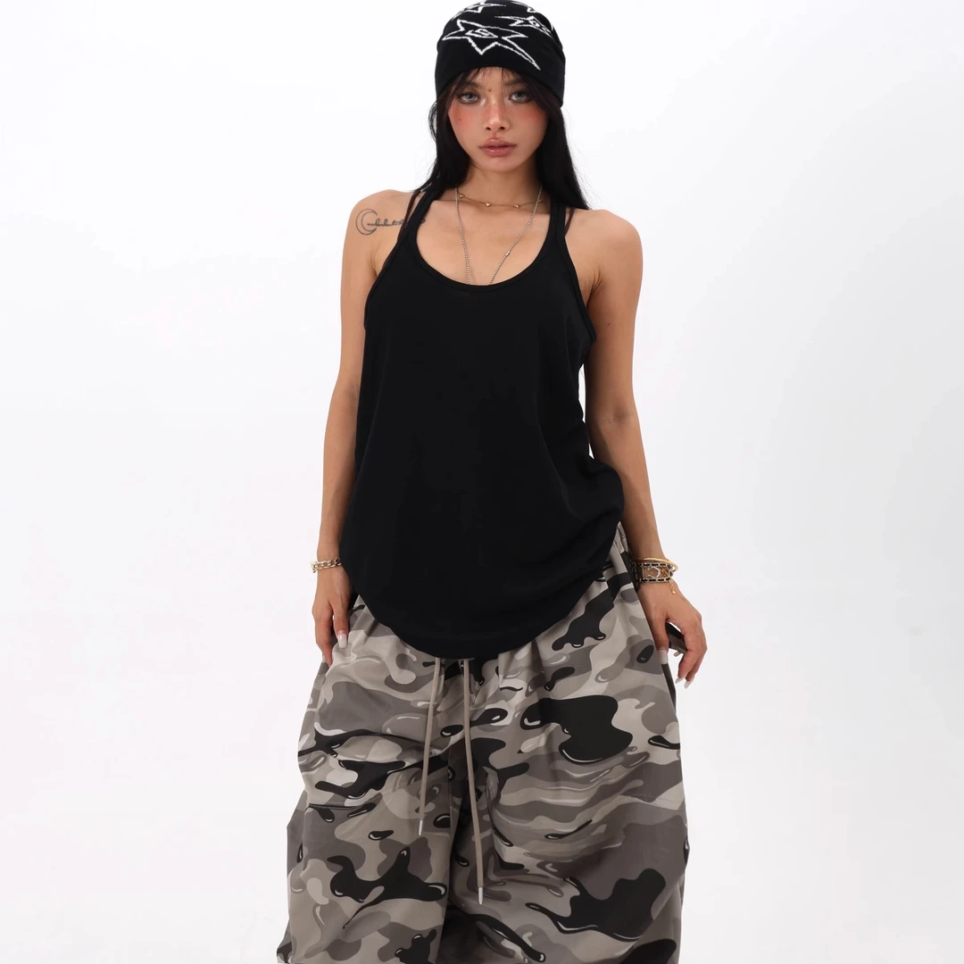 运动慵懒风吊带背心女夏季宽松休闲运动工字T恤大码上衣