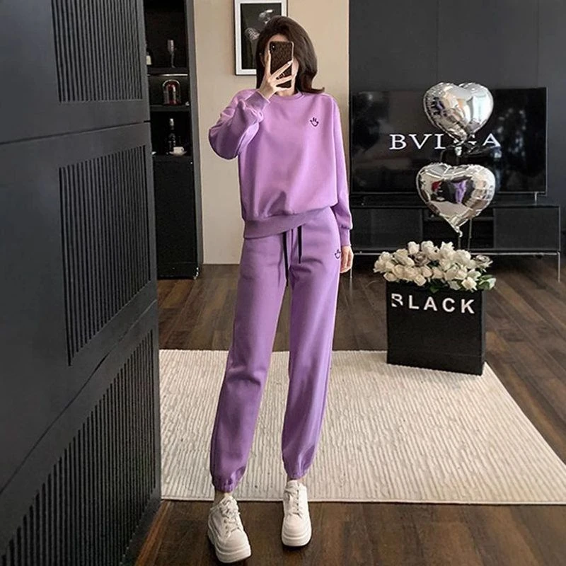 修身设计高品质加绒春秋灰色运动套装女2024简约卫衣束脚卫裤新