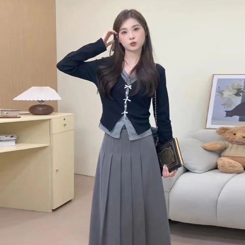 韩系穿搭一整套独特别致高级感套装连衣裙子女秋冬季2025新款长裙