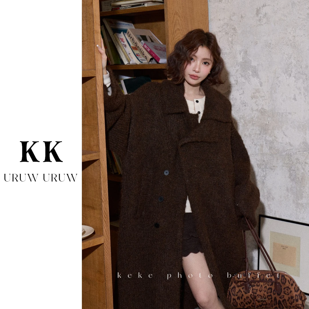 柯柯【冬日胶片】绵羊毛混纺氛围感重磅大翻领长款针织外套KL468