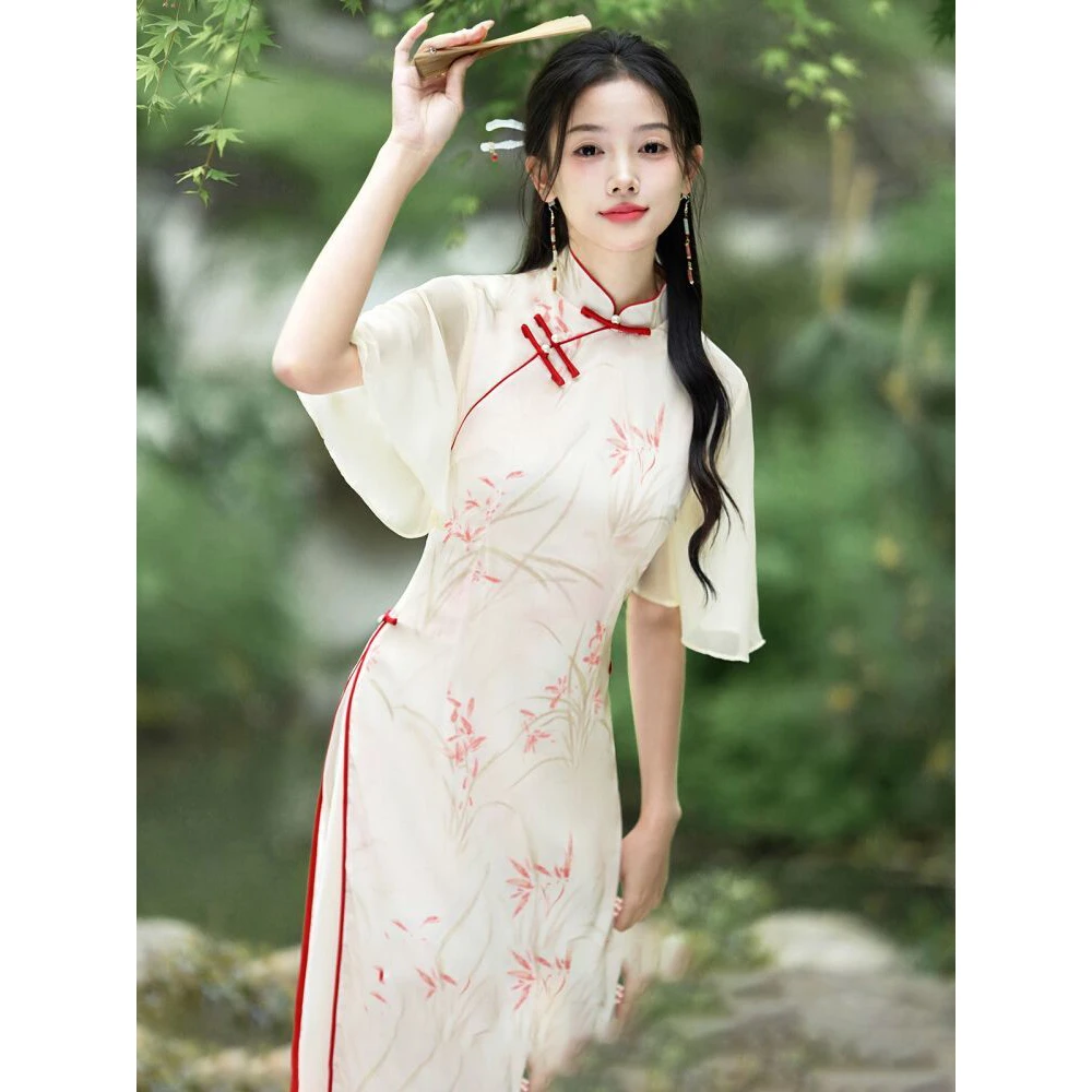 【游丝落絮】年轻款奥黛送考旗袍2025新款简约改良浅色新中式春季