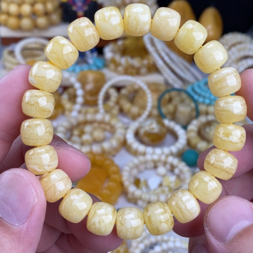 蜜蜡未镶嵌手链瓷白细纹黄底虎皮10.8mm