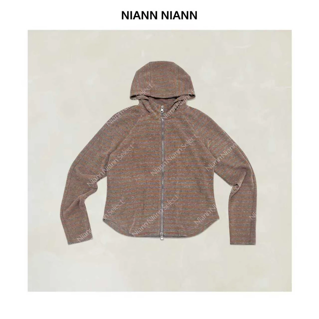NiannNiann 新品复古慵懒感定制加厚磨毛廓形条纹拉链帽衫16411