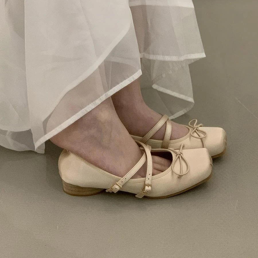 法式气质浅口单鞋女春季新款法式杏色晚风芭蕾仙女低跟玛丽珍鞋子