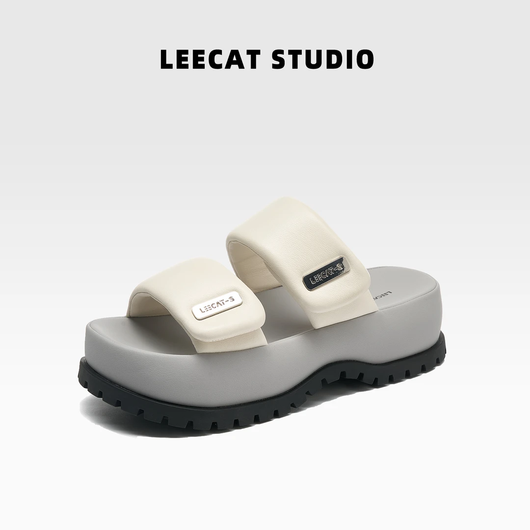 LeeCat Studio一字带凉鞋2025新款爆款时尚百搭一脚蹬厚底增高鞋