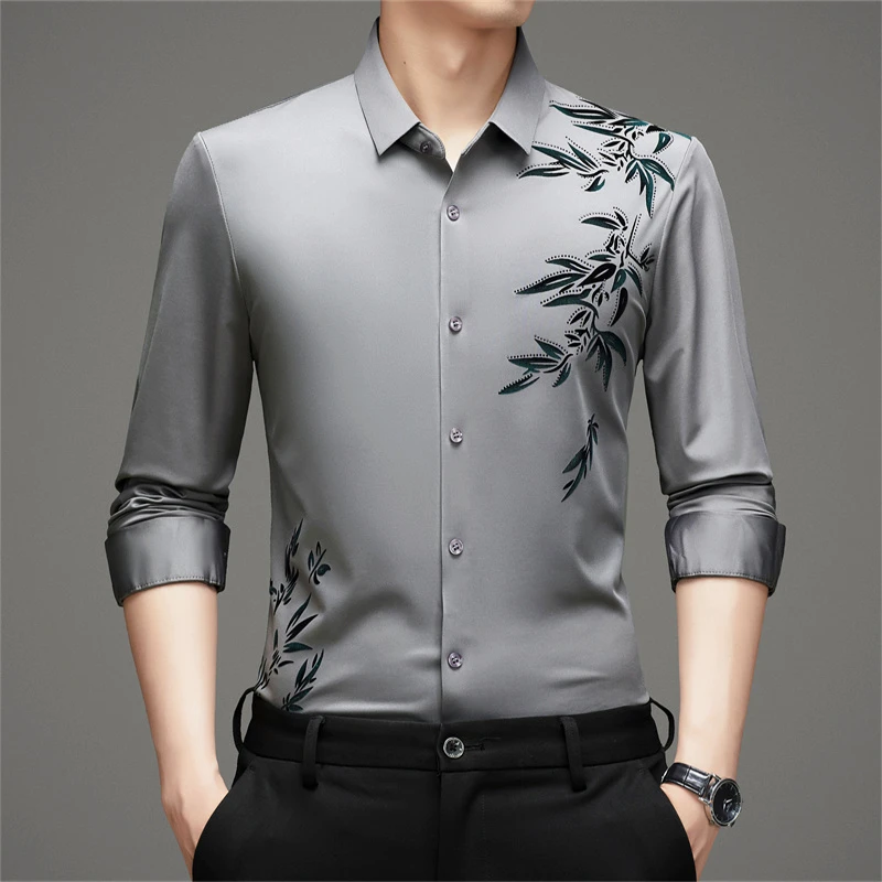 卡尔皮诺9532秋季新款无痕免烫男士轻奢时尚植绒印花休闲长袖衬衫