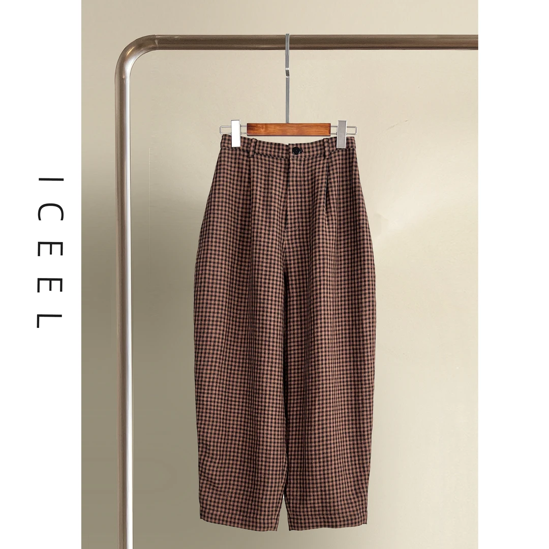 原创复古女装高级感亚麻格子休闲裤春秋新款阔腿裤遮肉宽松奶奶裤