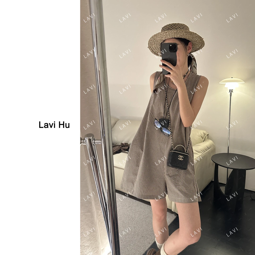 枯叶絮语 时尚百搭条纹格纹休闲连体裤86161