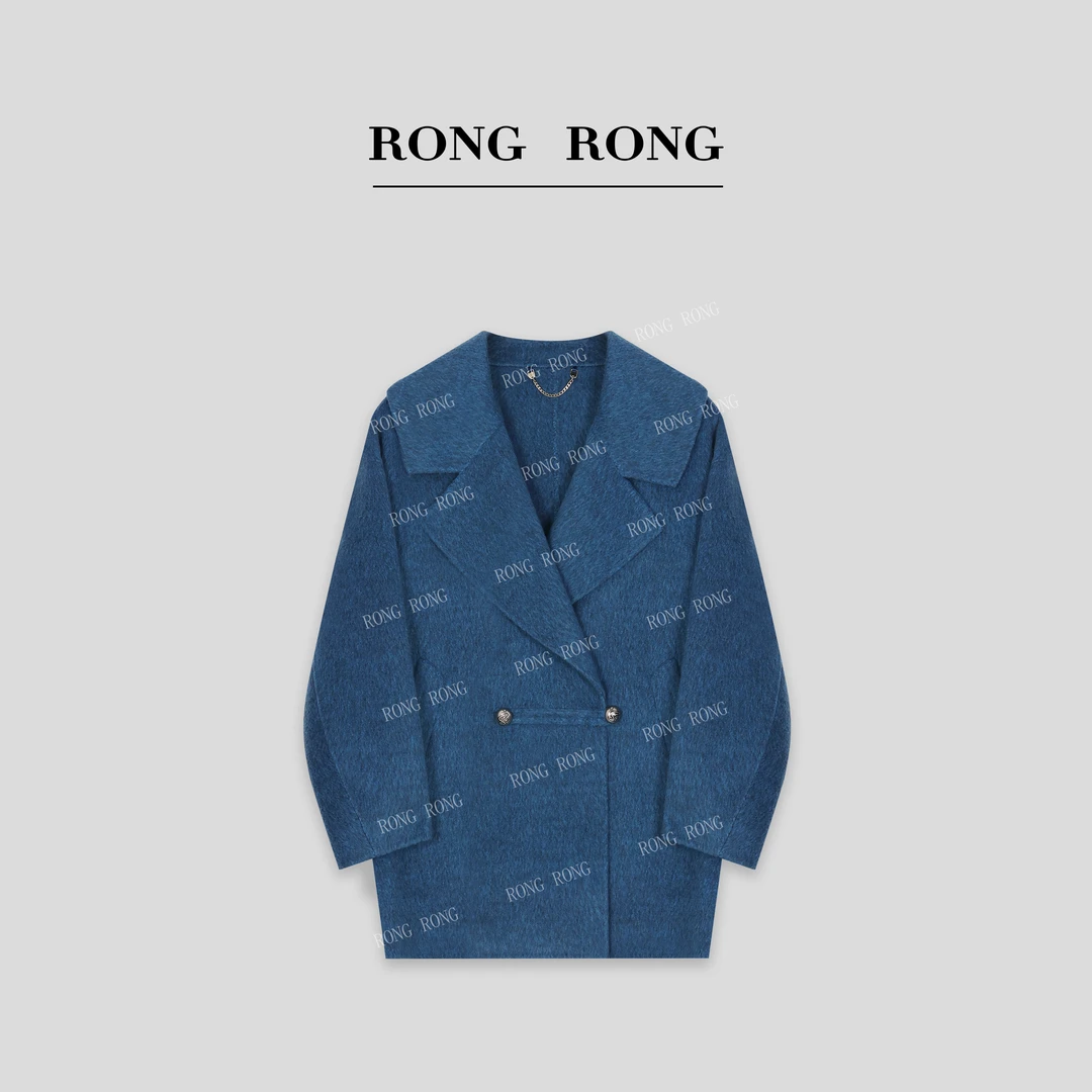 溶溶T【琉璃星蓝】RONG绵羊毛牦牛绒桑蚕丝混纺翻领呢大衣RR9756
