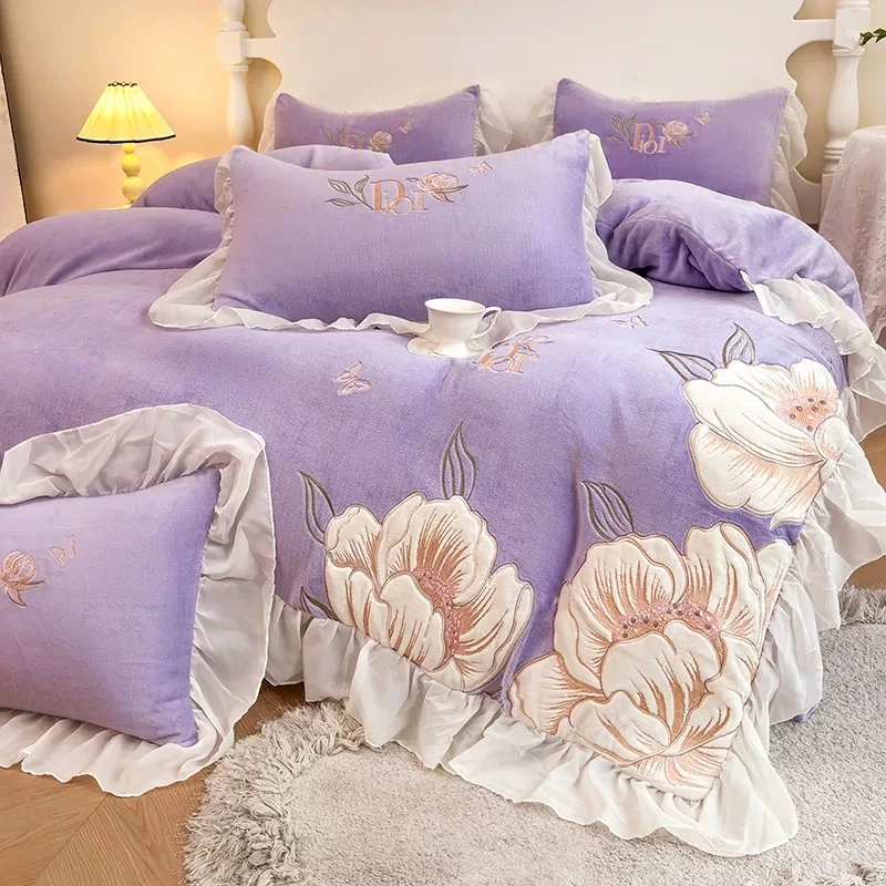 高克重刺绣牛奶绒四件套dzz 索菲娅-紫色