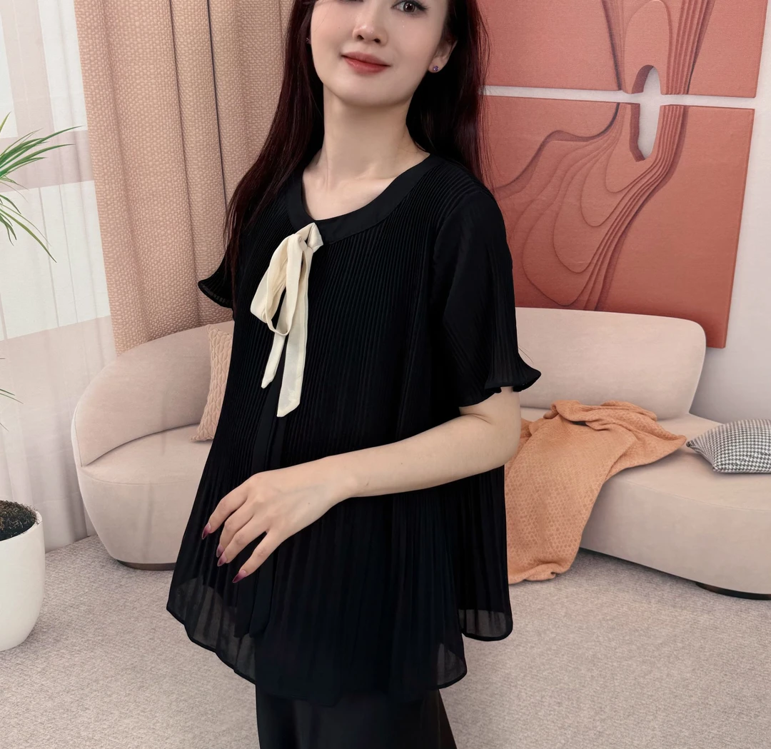 孕妇装夏装新款小清新百褶雪纺短袖上衣时尚气质蝴蝶结系带衬衫夏