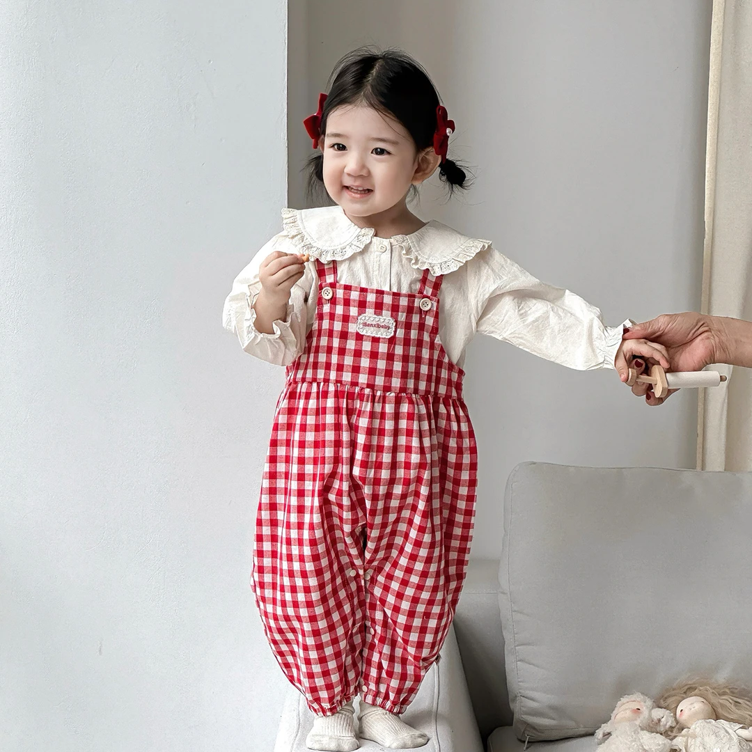 【4号】-点兮-婴幼儿格子背带裤套装女宝宝娃娃衫连体衣两件套-A249