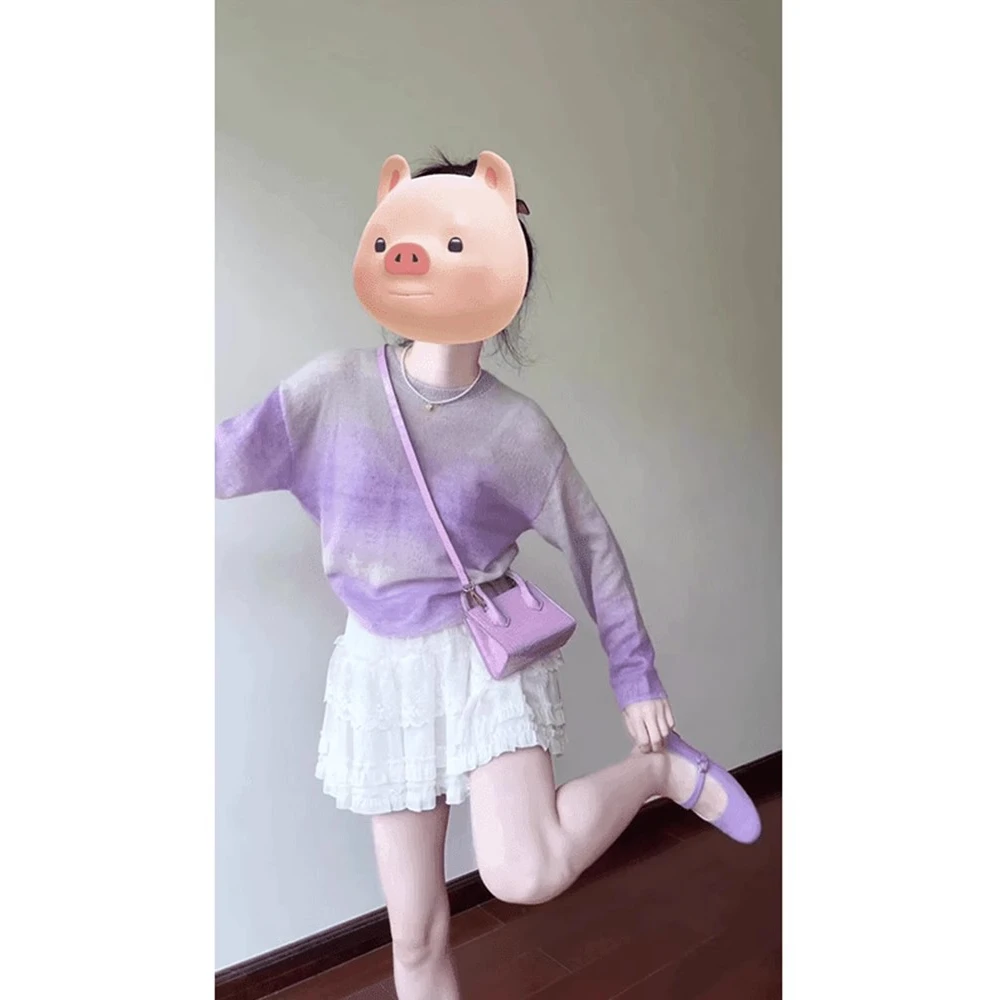 实价现货韩系渐变紫色圆领长袖针织衫短裙女春季温柔甜美减龄套装