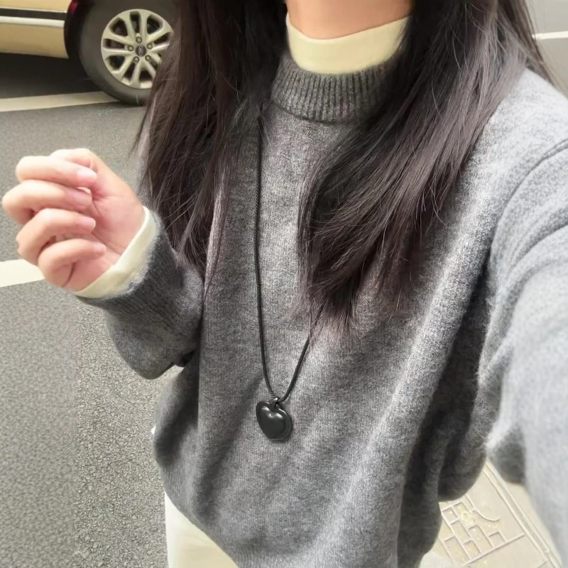 秋冬慵懒松弛感针织衫女韩版气质百搭圆领套头毛衣内搭打底衫ins