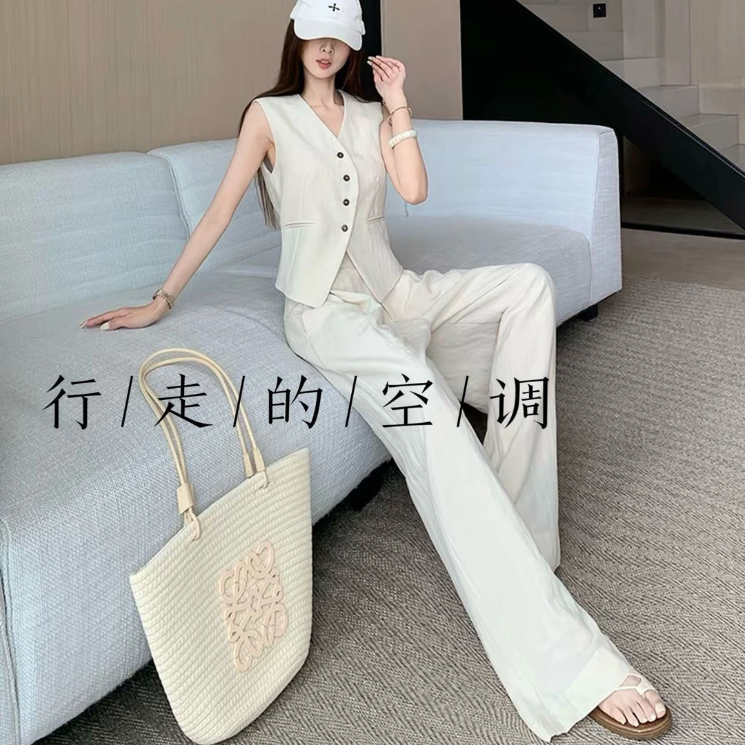 天丝亚麻套装无袖高级2025夏季新款老钱风时尚马甲阔腿裤两件套女