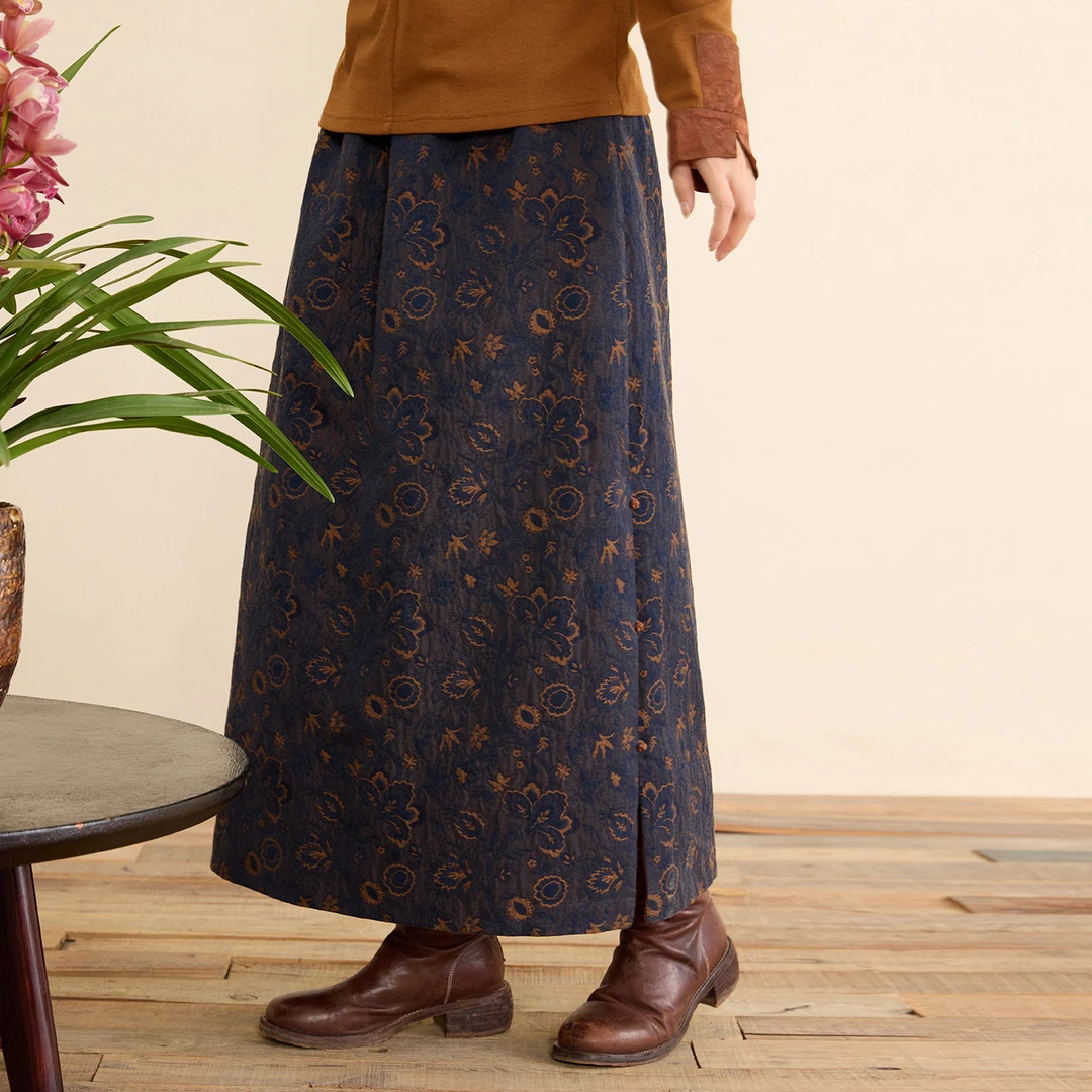 【风吟渡】吉祥羽儿原创 温柔色织花叶提花羊毛棉混纺显瘦A字半裙