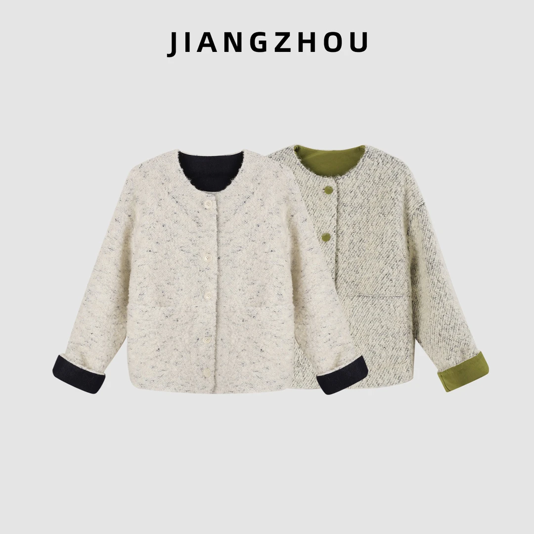 江洲【青竹】加厚保暖秋冬新款小香风高级感圈圈圆领毛呢撞色外套