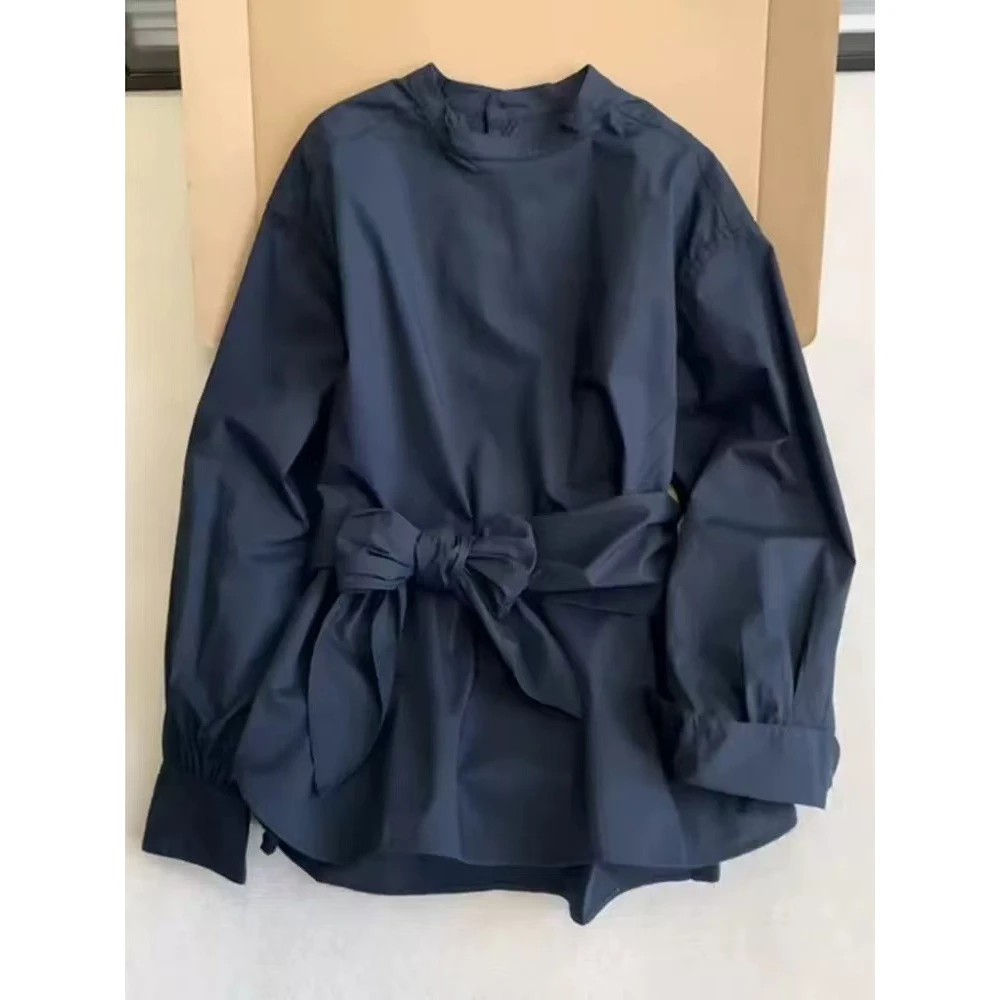 藏蓝色衬衫上衣春秋新款潮牌女装时尚宽松显瘦百搭气质小众设计感