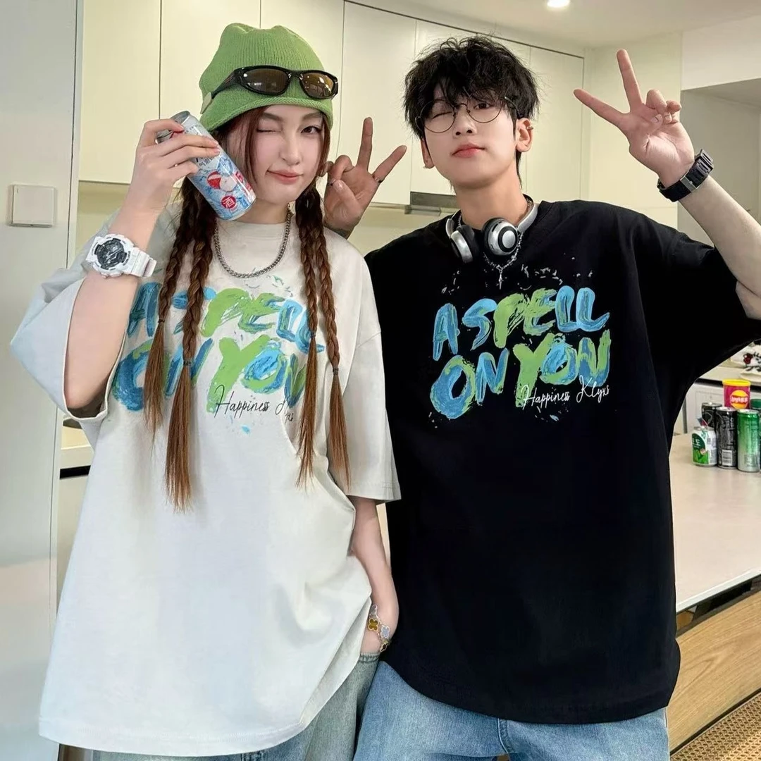 青少年夏季短袖T恤涂鸦英文字母洋气宽松时尚上衣学生穿搭