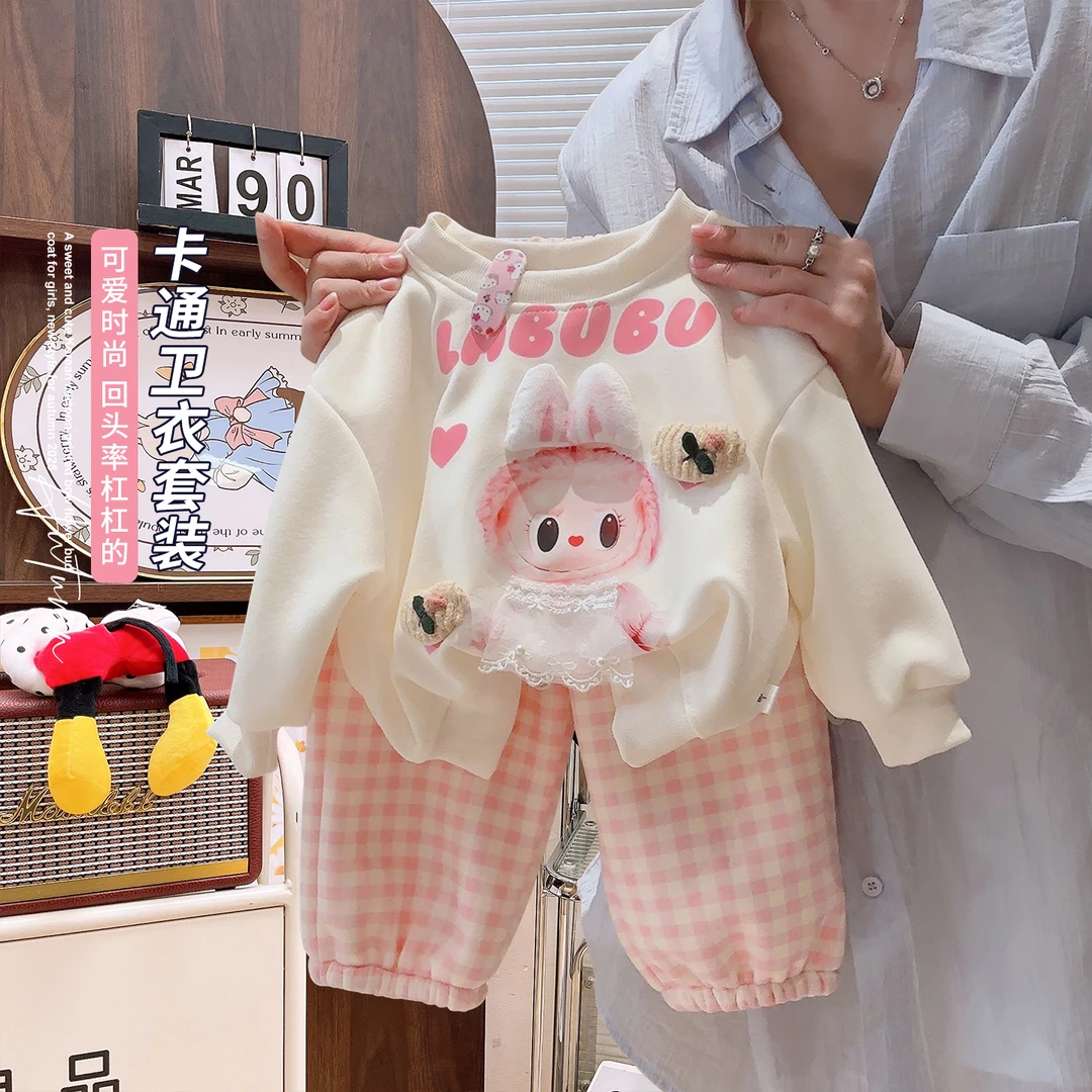 韩韩良品中大童棉质套装秋季2025新款甜美卡通卫衣格子裤两件套