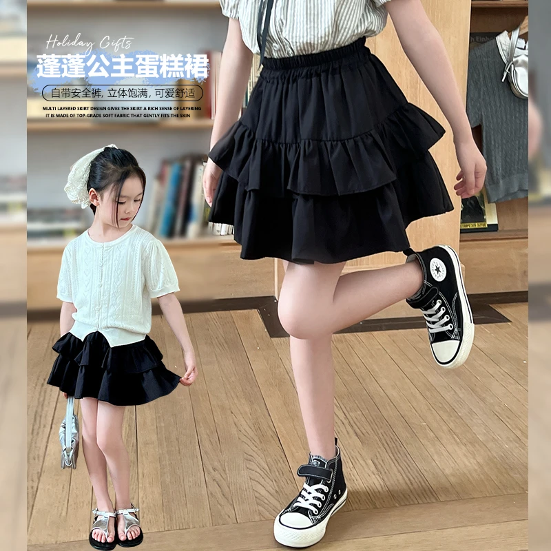 mini旦童装女童轻薄短裙夏季新款百搭儿童纯色蛋糕裙中大童半身裙