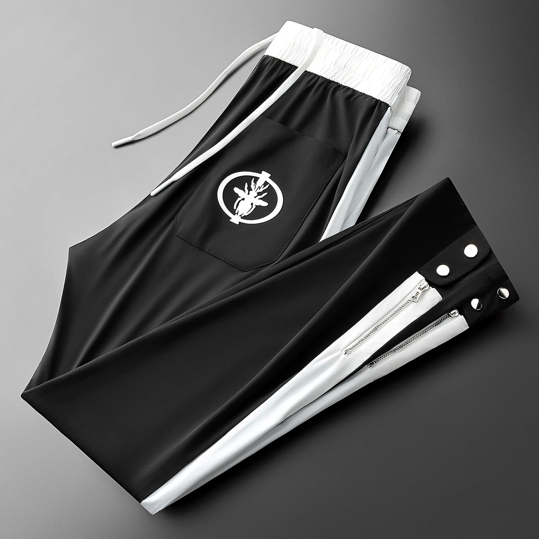 夏季高端时尚撞色黑白拼接冰丝速干裤子男士运动直筒卫裤休闲裤男