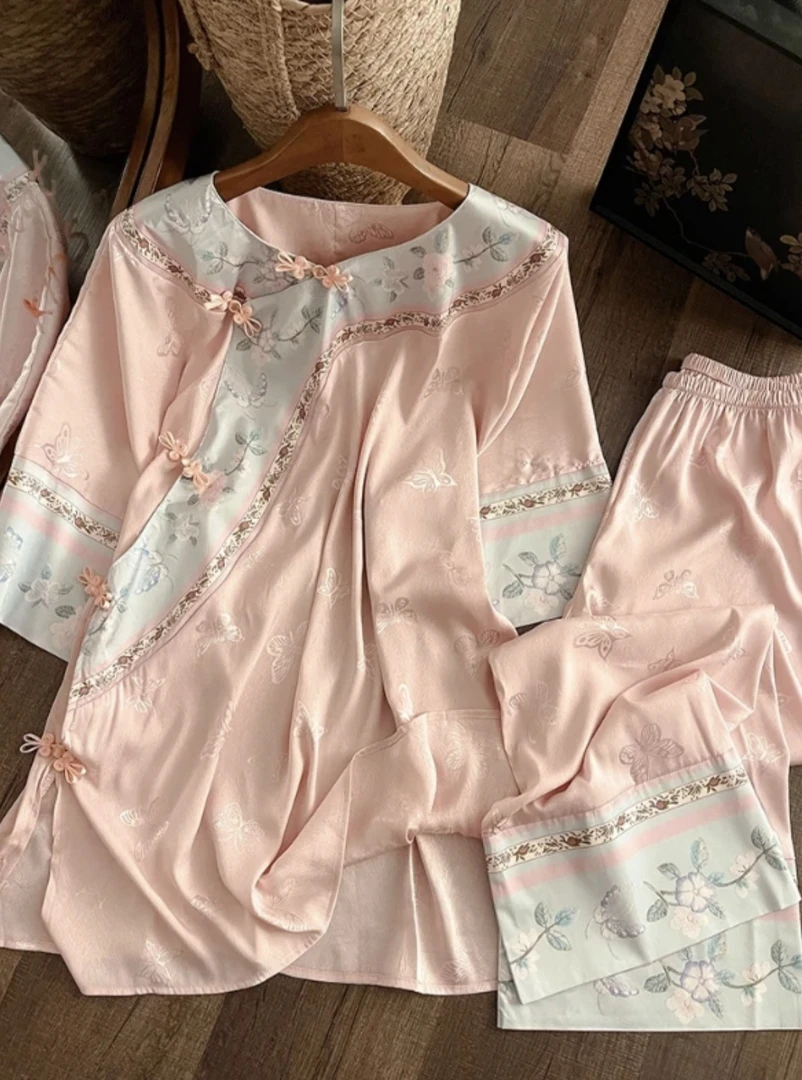 【中式套装】均码-XH-夏季国风复古薄款銮金宽松汉服印花国风睡衣