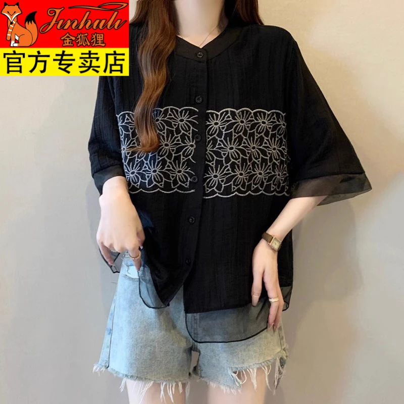 金狐狸洋气减龄黑色雪纺短袖衬衫女夏季大码胖mm显瘦宽松遮肚子洋