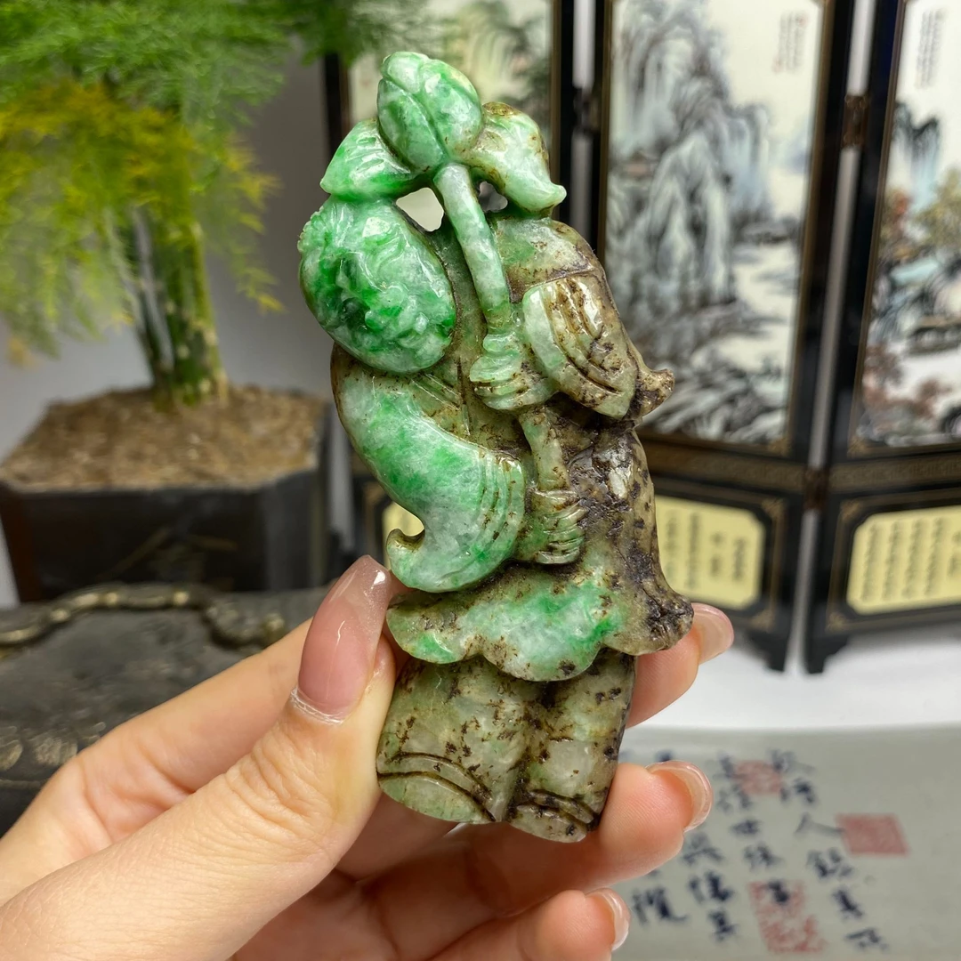 老料黄加绿童子手把件挂件  天然翡翠A货