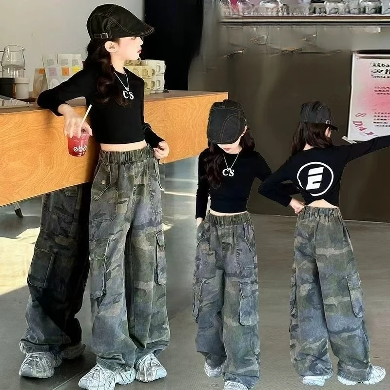 女童秋装纯棉工装裤迷彩裤2025新款宽松休闲直筒裤子炸街街舞服