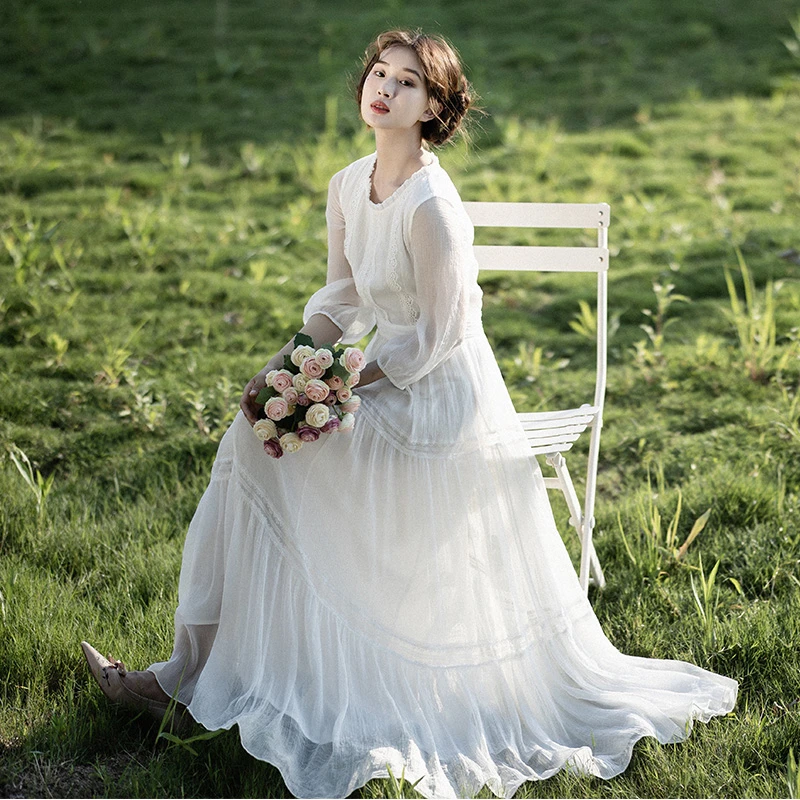 现货【白芷】白色连衣裙女夏2025新款圆领雪纺长裙蕾丝仙女裙子