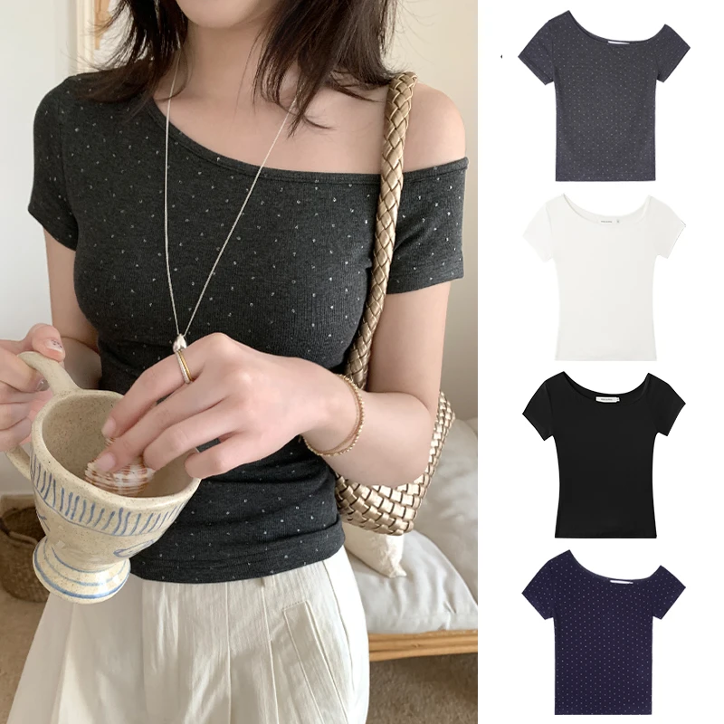 Miss sumeyY3669自制美式复古辣妹短款烫银斜肩漏肩短袖T恤女夏季