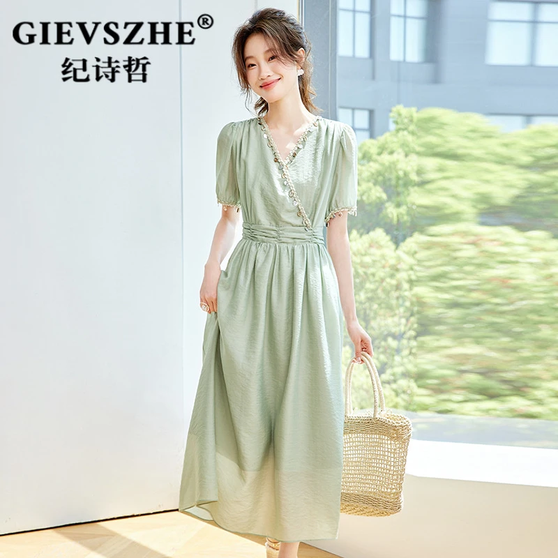纪诗哲高级感度假风连衣裙2025新款秋冬a字收腰显瘦泡泡袖v领长裙