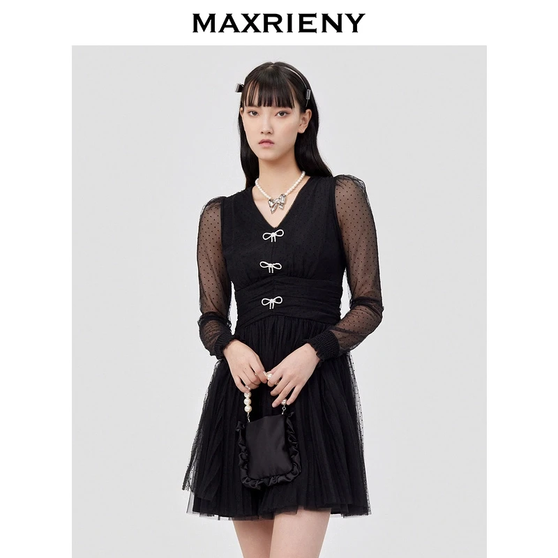 maxrieny复古波点连衣裙秋款网纱蕾丝短裙洋气女装小香风