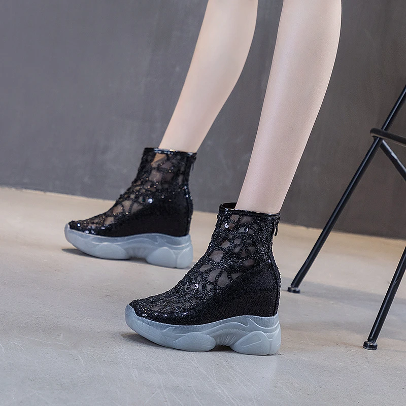 内增高网鞋女2025夏季新款亮片休闲后拉链透气网纱凉靴女显瘦时尚